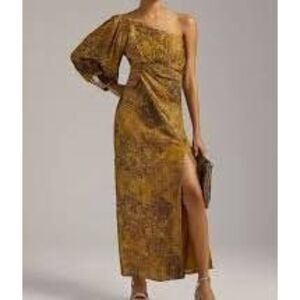 Anthropologie Nirmooha One Shoulder Metallic Maxi Gold Beaded Cuff Dress M